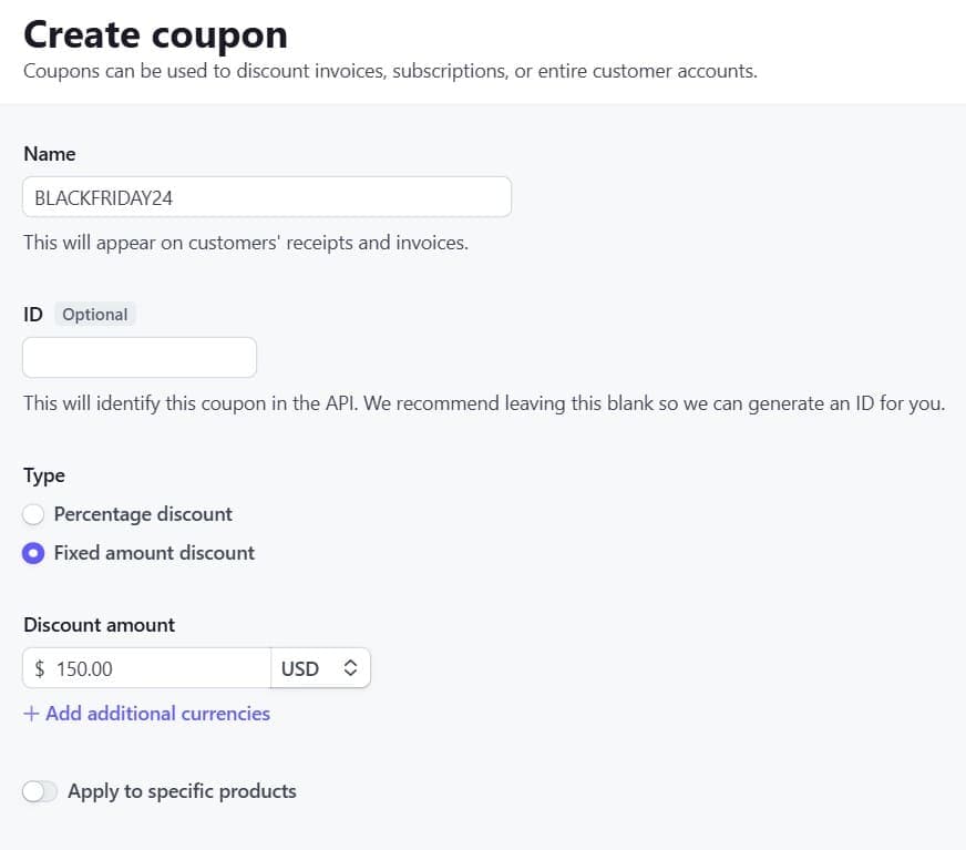 Coupon creation interface in Stripe