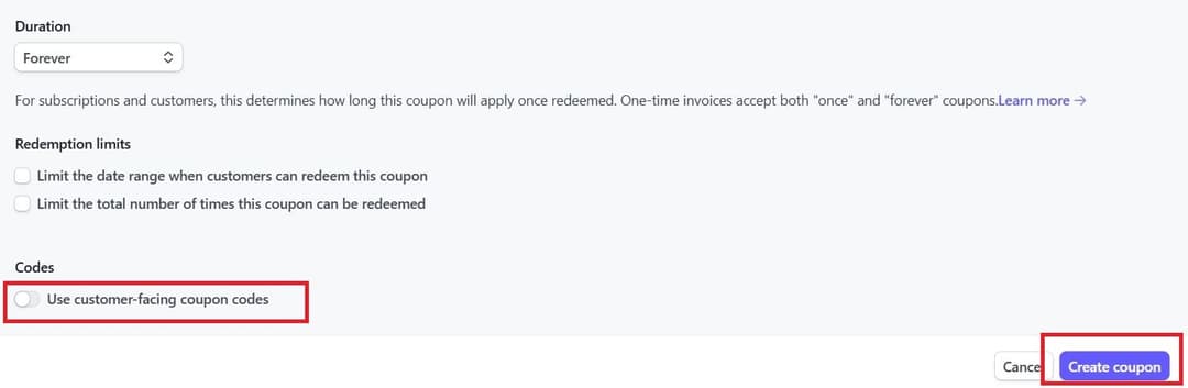 Customer-facing coupon setting in Stripe