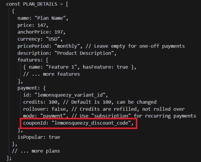 Configuring LemonSqueezy discount in settings.js