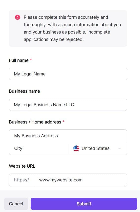 Business details form screenshot