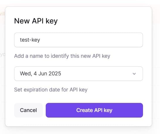 Create API Key modal